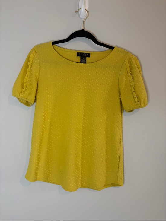 Grace Tops - Grace Yellow Dot-Textured Puff Sleeve with ruffles blouse workwear